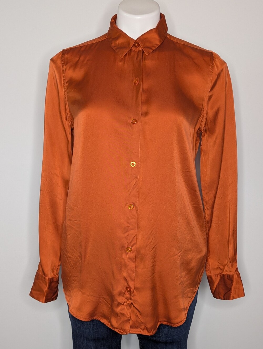 Equipment Orange Silk Blend Long Sleeve Button Up S
